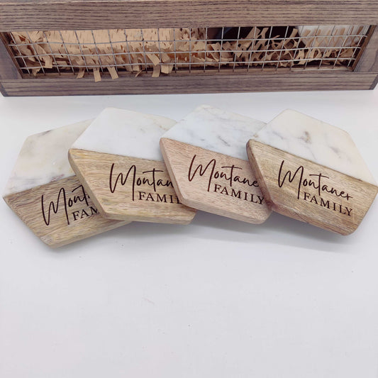 Personalized Acopa Marble and Acacia Wood Coasters Sets