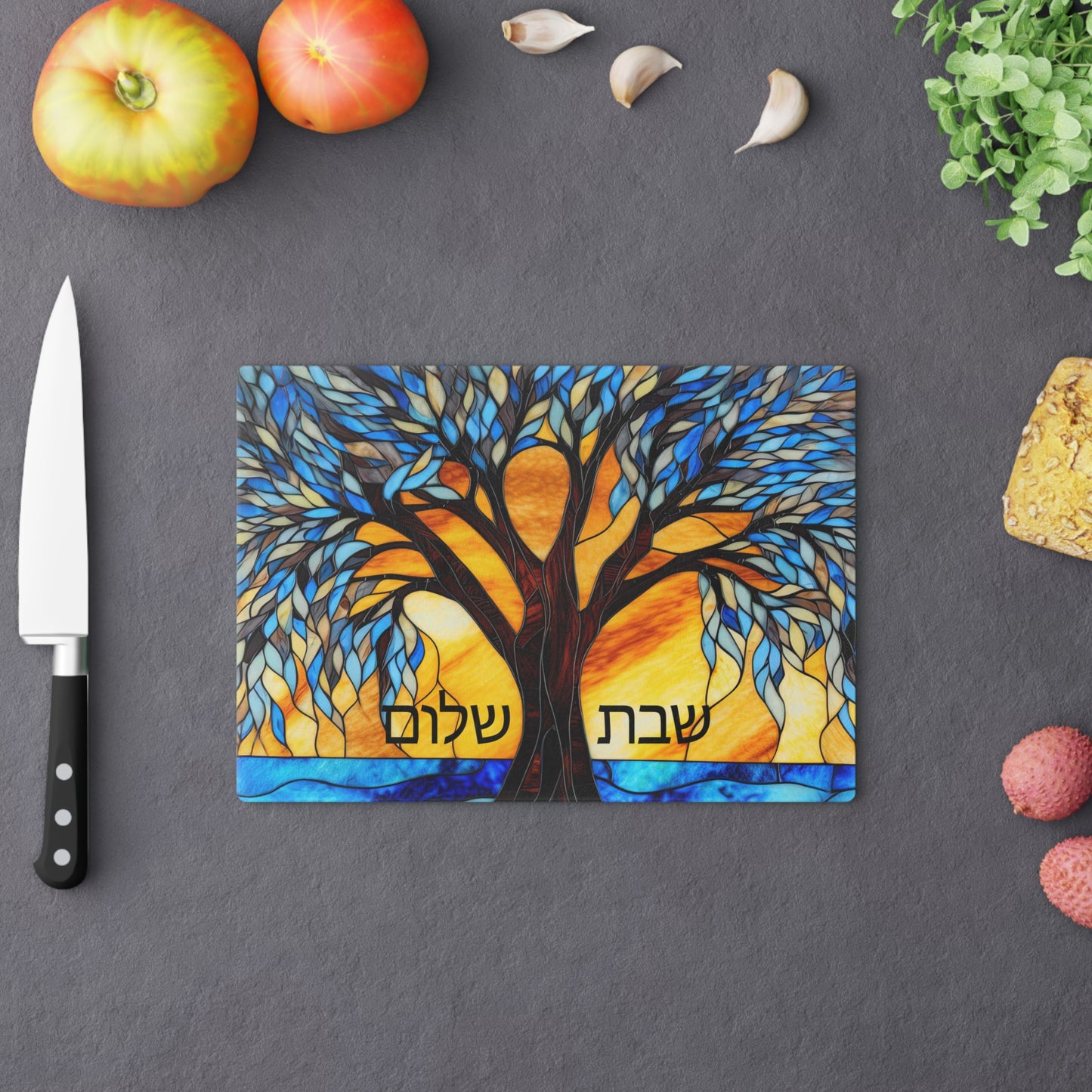 Tempered Glass Challah Cutting Board | Tray, Tree of Life Hebrew Shabbat Shalom