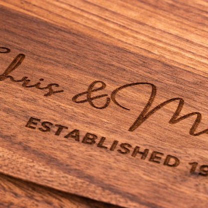 Personalized - Maple and Walnut Round Charcuterie Board with Groove - 13.5” x 13.5” x 0.75"