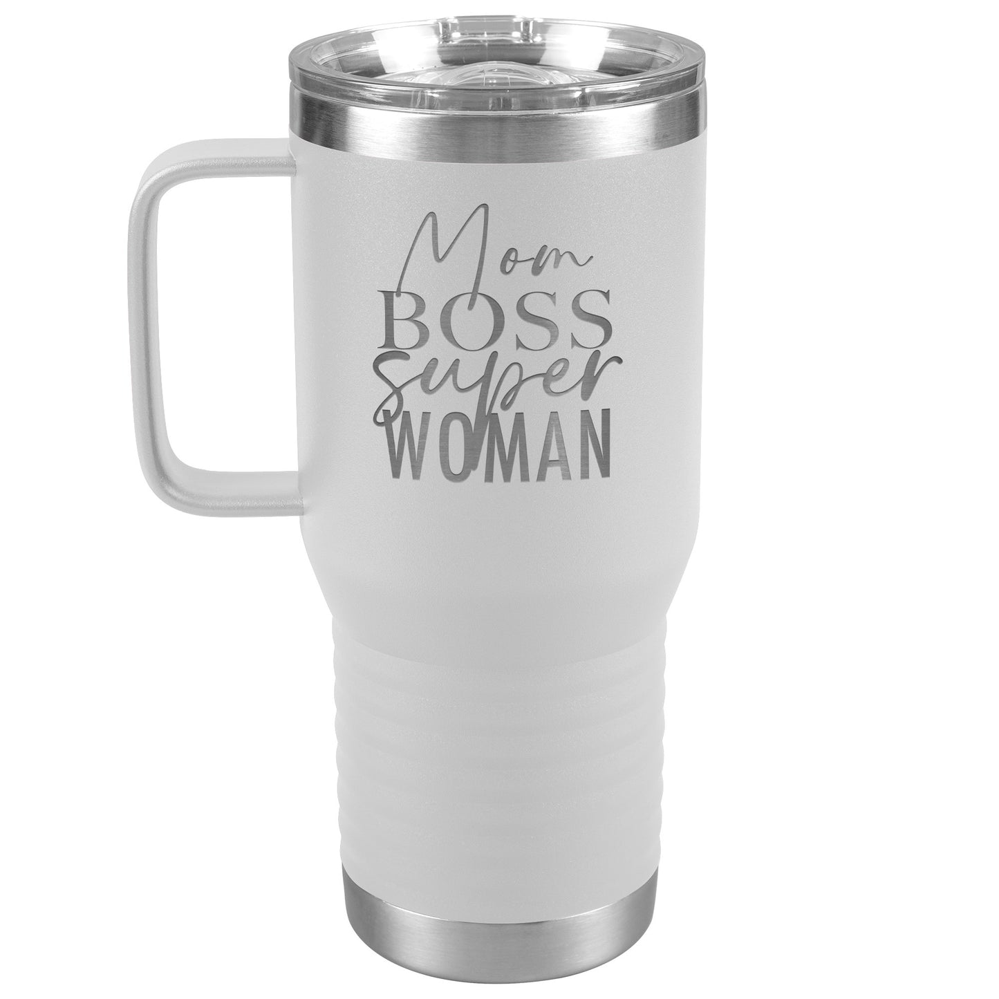 Mom Boss SUPER WOMAN Laser Engraved Tumbler with Handle 20oz