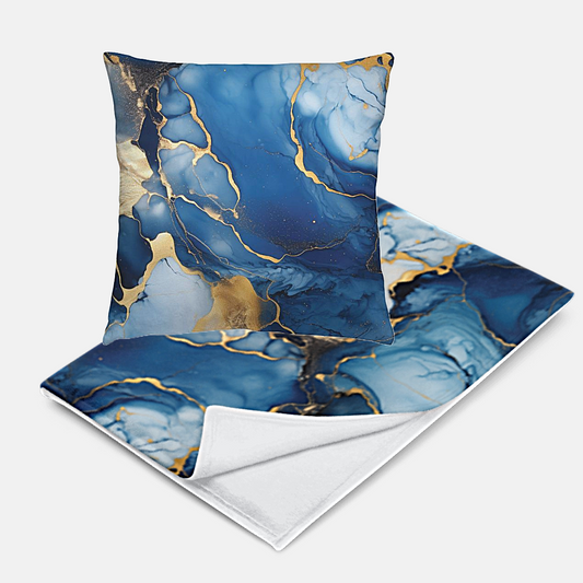 Luxury Blue Marble Gift Set Bundle Pillow and Throw Blanket